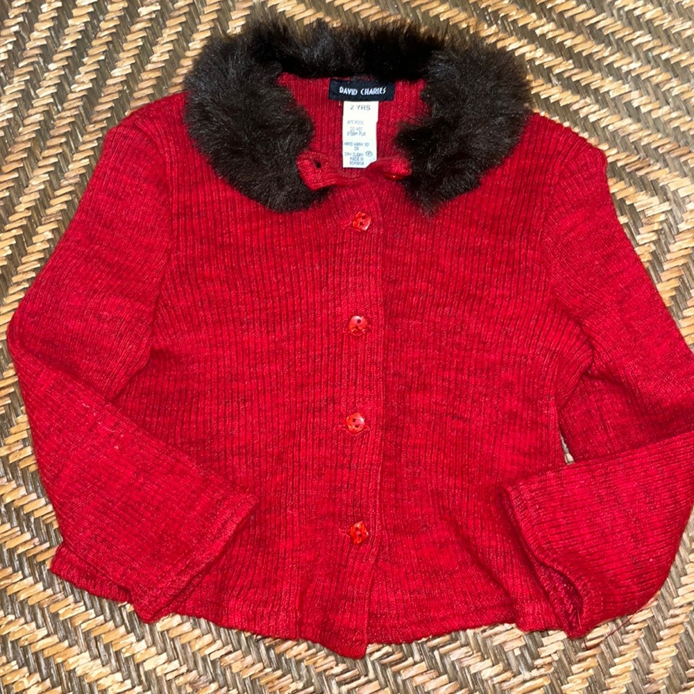 COUTURE DAVID CHARLES BABY 2T FAUX FUR TRIMMED RED CARDIGAN SWEATER